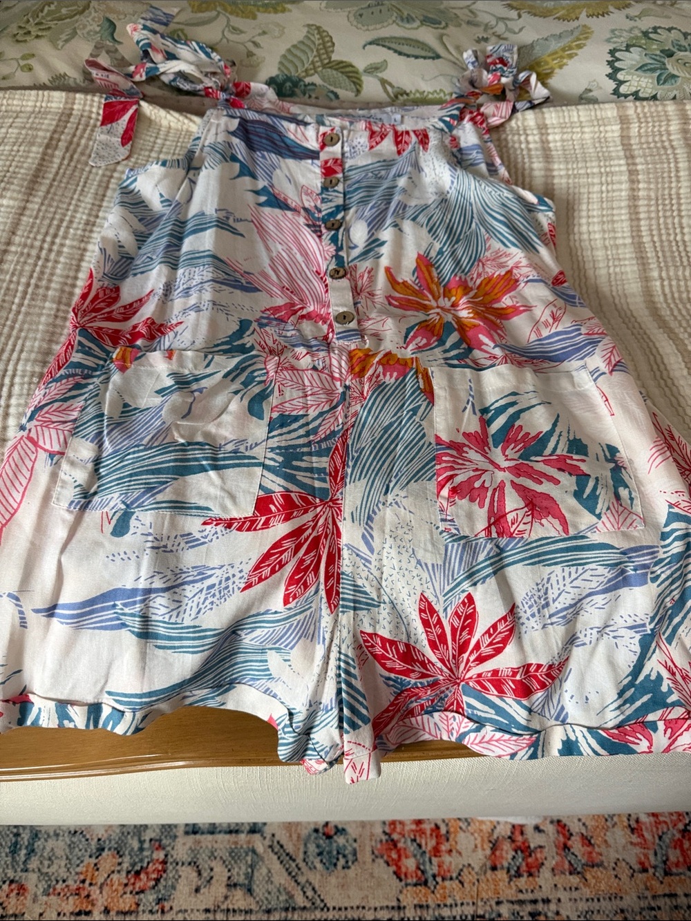Tropical Tie-Shoulder Romper in White with Blue & Pink Print